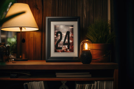 Happy new year 2024. Colorful abstract background. A vertical shot of a wooden shelf with a black frame and a burning candleの素材