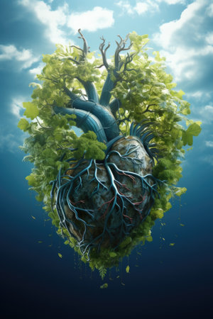 Human heart with roots and green leaves.の素材
