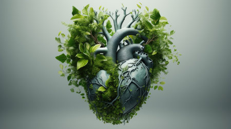 Human heart surrounded by green leaves.の素材