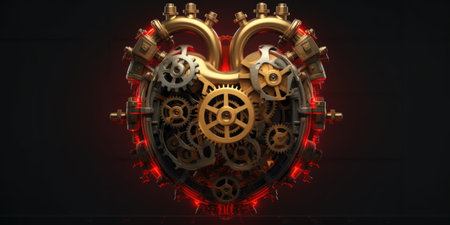 3d illustration of gears and cogwheels on a dark backgroundの素材