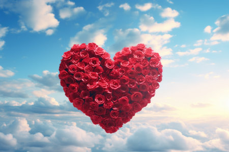 Heart shape made of red roses against blue sky with white cloudsの素材