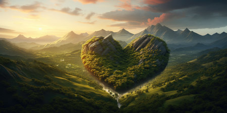 Heart shaped mountain landscape at sunset. 3d render illustration. Conceptual imageの素材