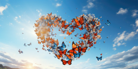 Heart of butterflies against blue sky with white cloudsの素材