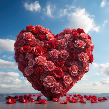 Heart made of red roses on blue sky background. Valentines day conceptの素材