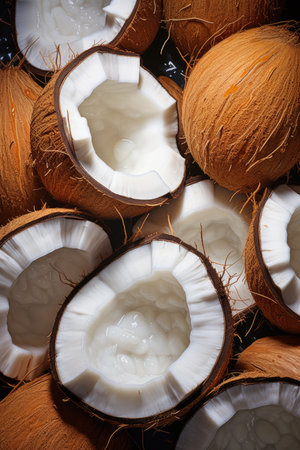 close up of coconuts and coconuts on the tableの素材