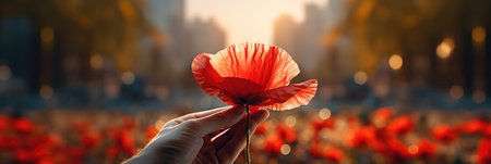 Red poppy flower in hand on blurred background. Remembrance Day.の素材