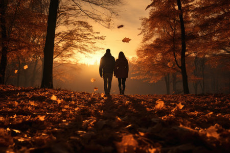Couple walking in autumn forest at sunset. Couple in love walking in autumn parkの素材