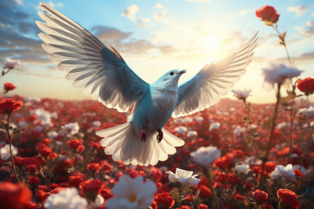 White seagull flying in the field of red flowers. Sunsetの素材