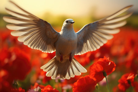 Pigeon flying in the field of red poppies.の素材