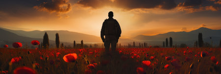 A silhouette of a man standing in a poppy field at sunset.の素材