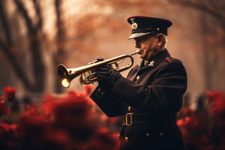 Soldier in uniform playing the trumpet on the background of red tulipsの素材