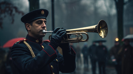 Soldier playing the trumpet on the street at night in the rainの素材