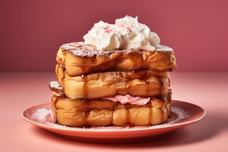 French toast with whipped cream and strawberry topping on a pink background.の素材
