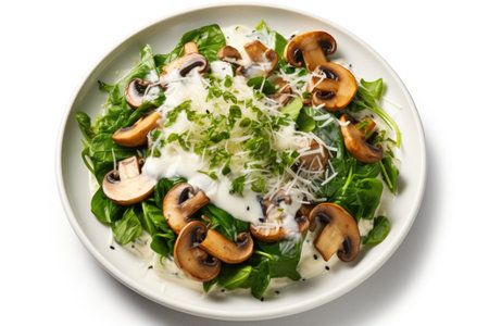 Plate of salad with champignons and cheese on white backgroundの素材