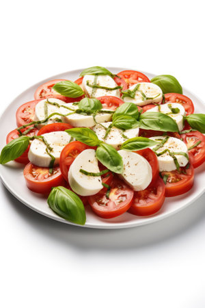 Caprese salad with tomatoes, mozzarella cheese and basil on white backgroundの素材