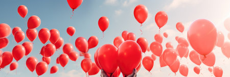 Red balloons in the shape of heart flying in blue sky. 3d renderingの素材