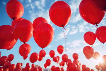 Red balloons in the shape of a heart flying in the sky.の素材