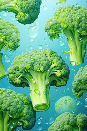 Fresh green broccoli with water drops on blue background. 3d illustrationの素材