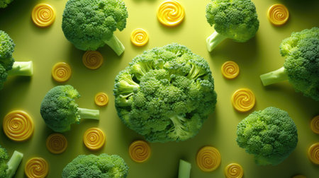 Creative layout made of fresh green broccoli on yellow background, top viewの素材