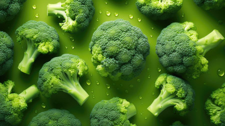 Broccoli with water drops on a green background. Top view.の素材