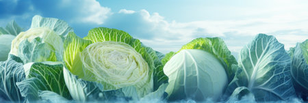 Cabbage field in blue sky background, panoramic banner.の素材