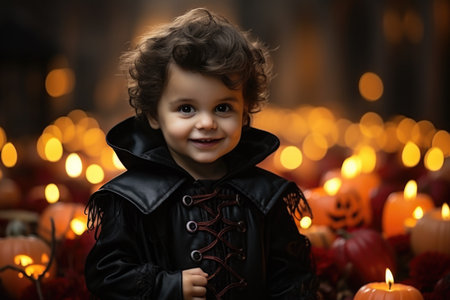 Cute little boy in halloween costume on dark room backgroundの素材