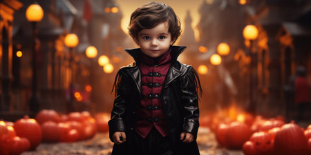 Cute little boy in Halloween costume posing in front of the camera.の素材