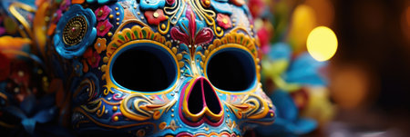 Closeup of colorful Mexican sugar skull mask in front of bokeh backgroundの素材