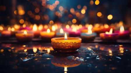 Diwali diya or oil lamp lit during Dipavali festival celebration in Indiaの素材