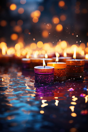 Burning candles with bokeh background. Happy Diwaliの素材