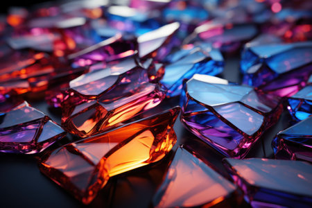 Colorful crystals of different shapes and sizes on a black background.の素材