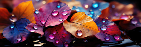 Golden Veins: Rain-Soaked Leaves with Sunlight in a Desktop Background.の素材