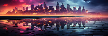 Abstract wallpaper, Urban Neon Reflections: Neon signs reflected in rain-slicked city streets, creating a dynamic and electric ambiance. background, desktop background.の素材