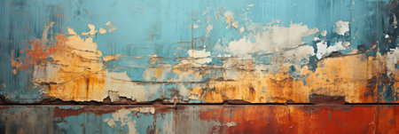 Weathered Wall Art: The gritty and abstract canvas of textured, peeling paint on a rusty wall, perfect for your desktop wallpaper.の素材