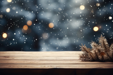 An empty dark wood table placed in a peaceful snow-covered forest, where pine trees and glistening snowflakes create a wintry scene of serenity.の素材