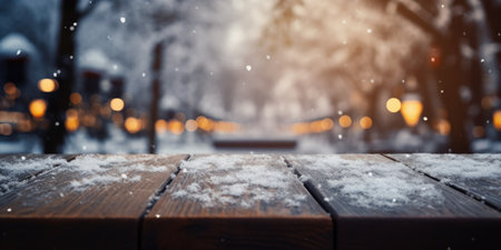 A dark wood table overlooking a snow-covered forest, icy lake, snowy city park, and trees adorned with festive lights.の素材