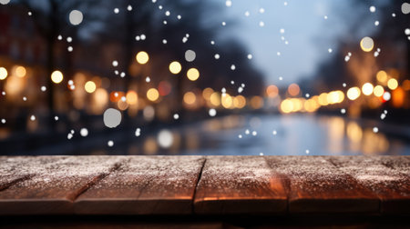 A dark wood table in a snowy city park, providing serene vistas of a snow-covered forest, icy lake, and trees illuminated by festive lights.の素材