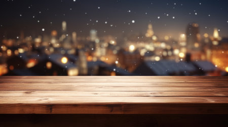 A dark wood table by a window, framing a winter scene with snow-covered rooftops, a tranquil forest, and holiday lights that twinkle in the serene landscape.の素材