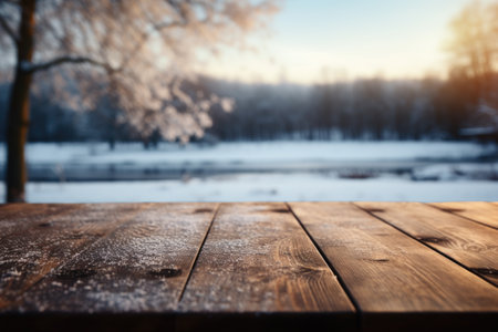 A tranquil dark wood table perched beside a frozen, icy lake, offering a serene view of the snow-covered forest and a picturesque winter wonderland landscape.の素材