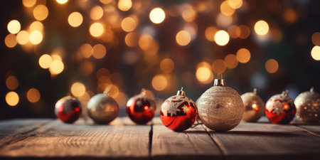 A festive dark wood table positioned beside a gorgeously adorned Christmas tree, adorned with twinkling lights and festive ornaments.の素材