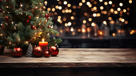 An elegant Christmas party at a dark wood table, positioned near a beautifully adorned Christmas tree, with shimmering lights and festive ornaments.の素材