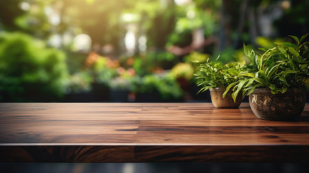 Quiet Kitchen Corner: A dark wood countertop, left unadorned, featuring a gentle blur and a view of the snow-covered garden in the background.の素材