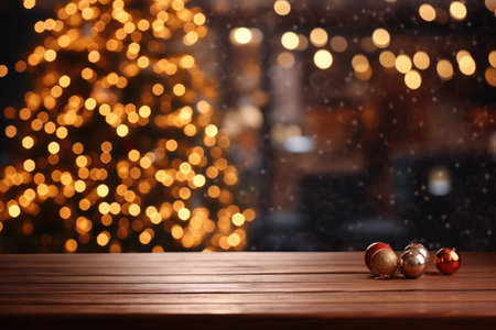 A cozy winter setup featuring a dark wood table placed next to a stunningly decorated Christmas tree, illuminated by twinkling lights and holiday baubles.の素材