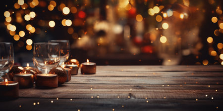 An elegant New Year's or Christmas party is set around a dark wood table, with guests and sparkling decorations adding to the festive winter ambiance.の素材