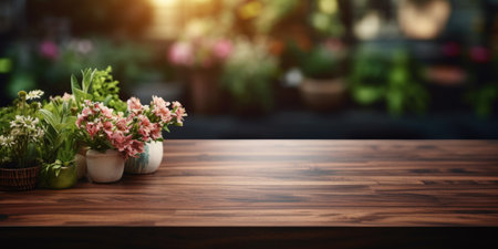 A blank dark wood countertop, slightly blurred, showing a serene snow-covered garden in the distance.の素材
