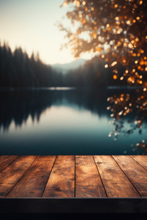 A dark wood tabletop setting the stage for a hazy, serene lakeside scene, resulting in a peaceful and inviting atmosphere.の素材