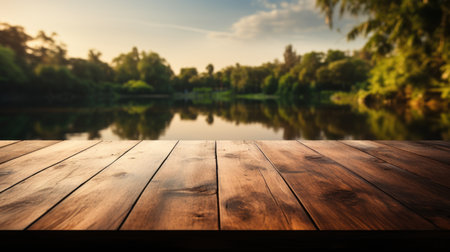 A dark wood tabletop seamlessly blending with the hazy, serene lakeside scene, creating a smooth transition into the softly blurred surroundings.の素材