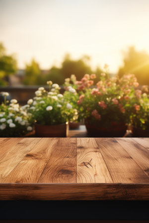 A polished wooden counter setting the stage for a softly blurred countryside, resulting in a serene and peaceful ambiance.の素材