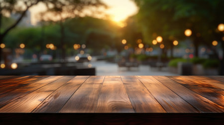 A rustic dark wood countertop setting the stage for a bustling city park, resulting in a peaceful and inviting atmosphere.の素材