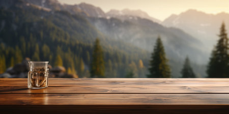 A cozy dark wood countertop setting the stage for a hazy mountain cabin view, resulting in a peaceful and inviting atmosphere.の素材